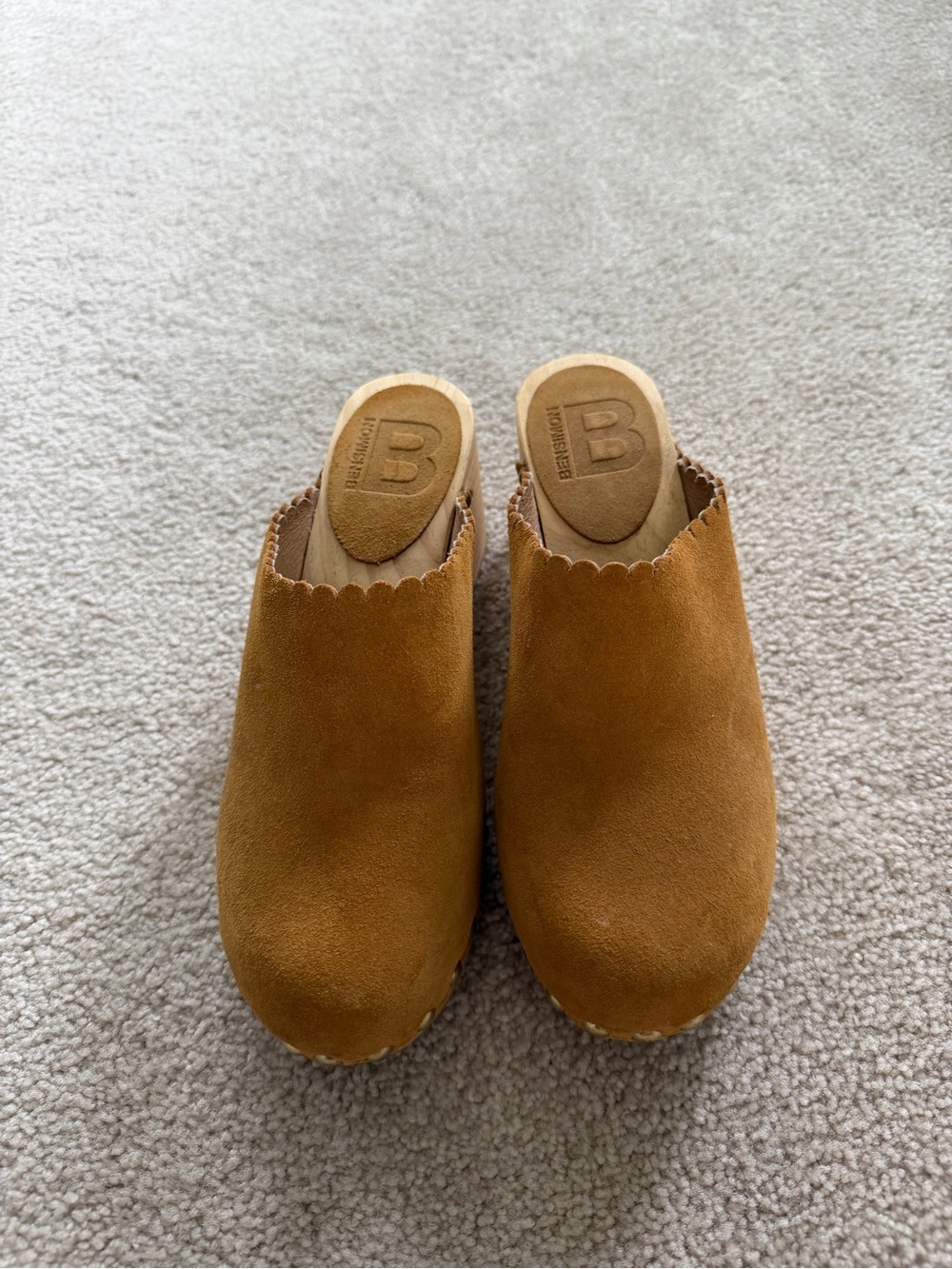 Bensimon Suede Leather Wooden Clogs Mules Scalloped Tan Women’s Size 38 - Picture 2 of 9